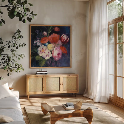 Fresh Cut by Julia Purinton. Shown in a natural wood frame in a cozy modern living room. Available as an archival giclee rolled canvas, fine art paper, or poster print. SKU 16107a.