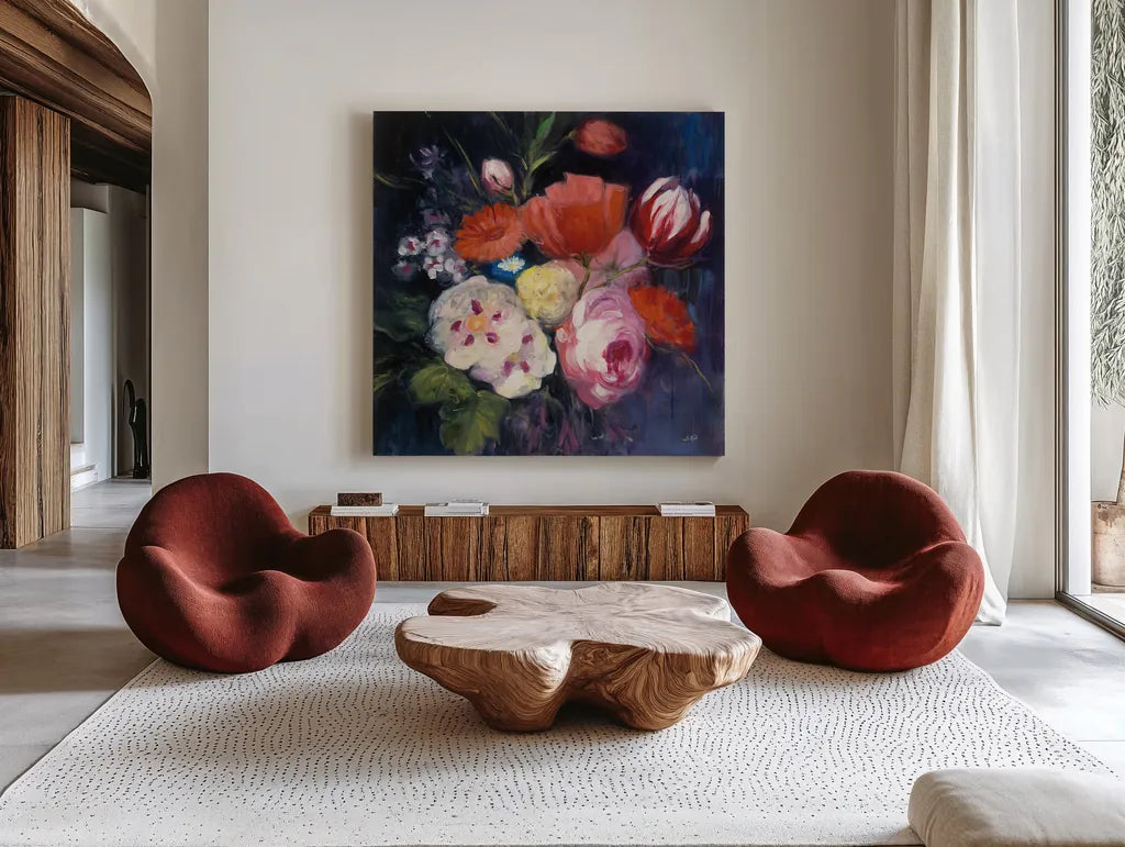 Fresh Cut by Julia Purinton. Shown as extra-large giant wall art in a modern living room. Available as an archival giclee rolled canvas, fine art paper, or poster print. SKU 16107a.