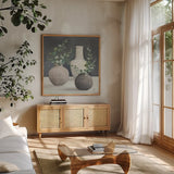 Fresh Vessels I by Julia Purinton. Shown in a natural wood frame in a cozy modern living room. Available as an archival giclee rolled canvas, fine art paper, or poster print. SKU 86294a.
