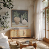 Fresh Vessels II by Julia Purinton. Shown in a natural wood frame in a cozy modern living room. Available as an archival giclee rolled canvas, fine art paper, or poster print. SKU 86295a.
