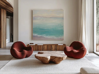 From the Shore by Julia Purinton. Shown as extra-large giant wall art in a modern living room. Available as an archival giclee rolled canvas, fine art paper, or poster print. SKU 43393a.