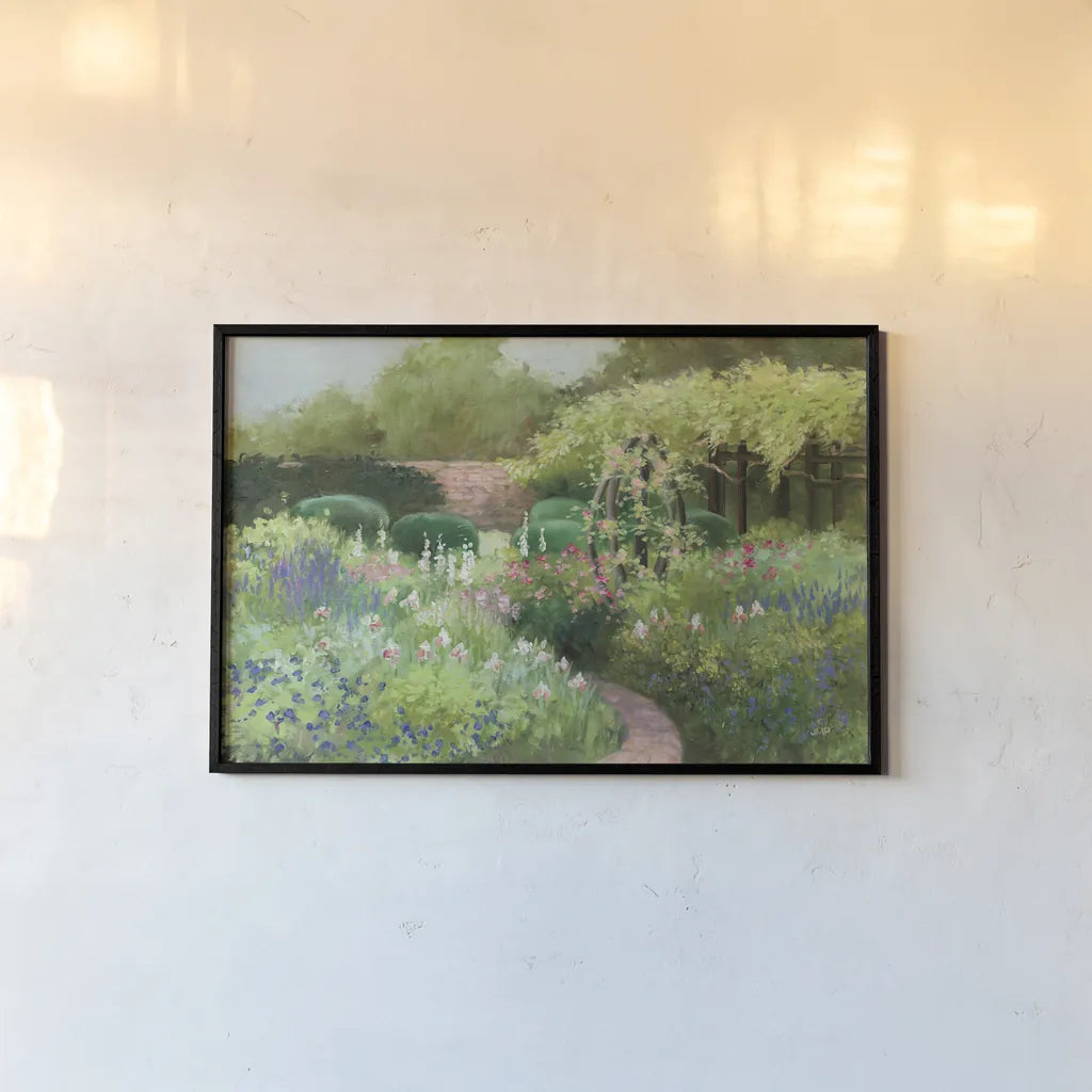 Garden Path by Julia Purinton. shown as a paper print in a black flame. Available as a archival giclee rolled canvas, fine art paper, or poster print. SKU 93107i.