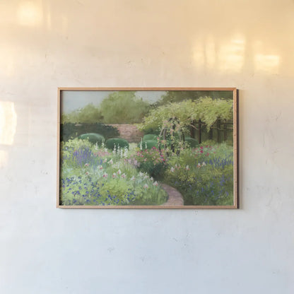 Garden Path by Julia Purinton. shown as a paper print in a natural frame. Available as a archival giclee rolled canvas, fine art paper, or poster print. SKU 93107i.