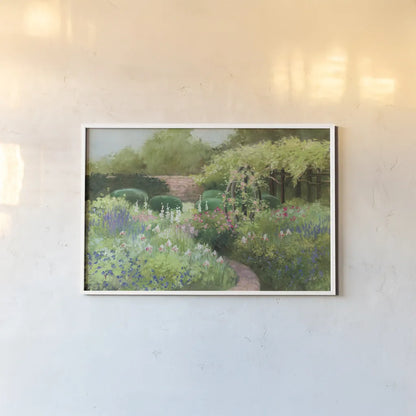 Garden Path by Julia Purinton. shown as a paper print in a white frame. Available as a archival giclee rolled canvas, fine art paper, or poster print. SKU 93107i.