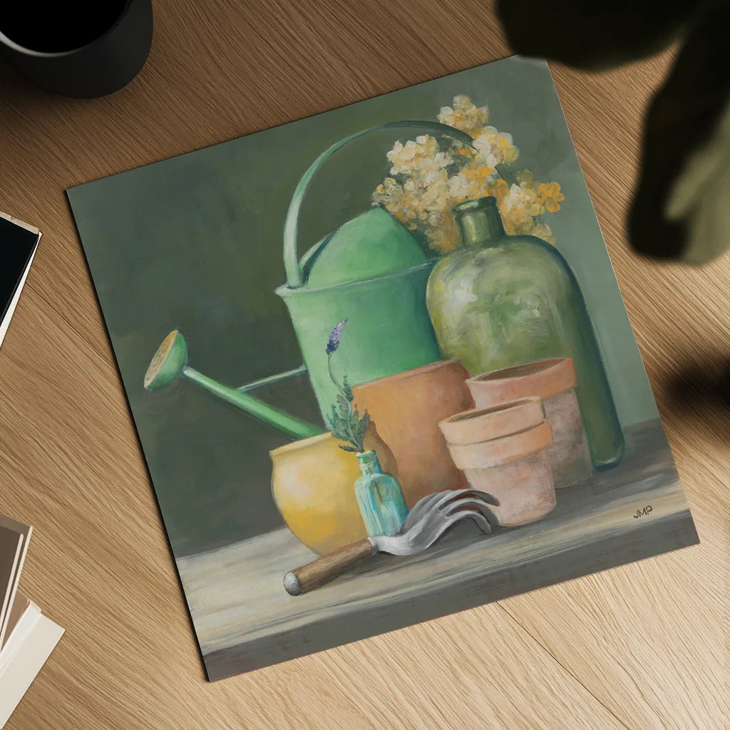 Garden Shed by Julia Purinton. Shown as a detailed flat fine art print, highlighting archival giclee quality. Available as an archival giclee rolled canvas, fine art paper, or poster print. SKU 87668a.