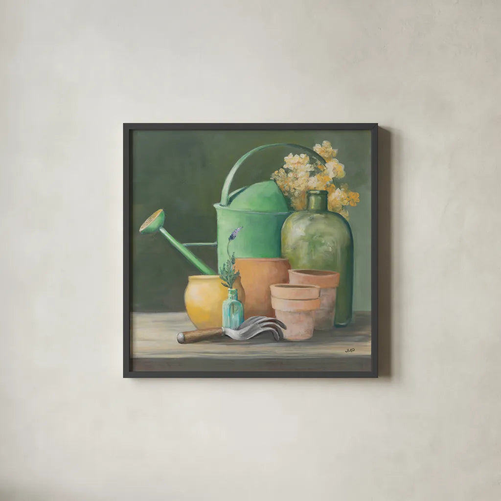 Garden Shed by Julia Purinton. Shown in a sleek black glass frame for a contemporary gallery look. Available as an archival giclee rolled canvas, fine art paper, or poster print. SKU 87668a.