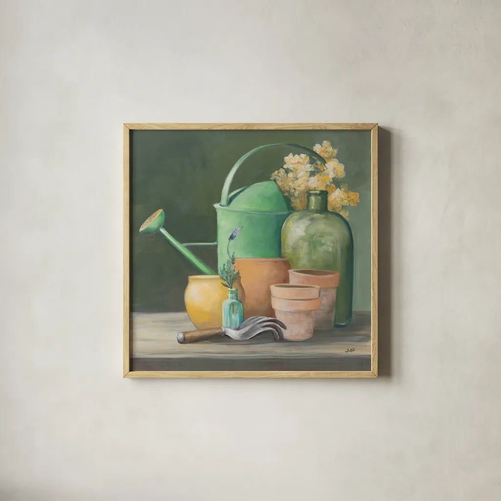 Garden Shed by Julia Purinton. Shown in a natural wood glass frame for a timeless modern aesthetic. Available as an archival giclee rolled canvas, fine art paper, or poster print. SKU 87668a.