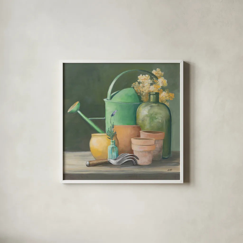 Garden Shed by Julia Purinton. Shown in a crisp white glass frame for a clean and minimalist style. Available as an archival giclee rolled canvas, fine art paper, or poster print. SKU 87668a.