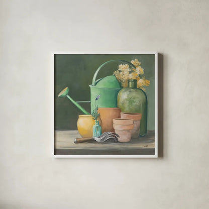 Garden Shed by Julia Purinton. Shown in a crisp white glass frame for a clean and minimalist style. Available as an archival giclee rolled canvas, fine art paper, or poster print. SKU 87668a.