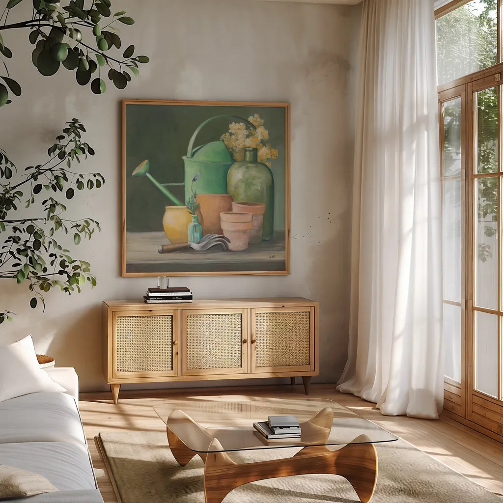 Garden Shed by Julia Purinton. Shown in a natural wood frame in a cozy modern living room. Available as an archival giclee rolled canvas, fine art paper, or poster print. SKU 87668a.