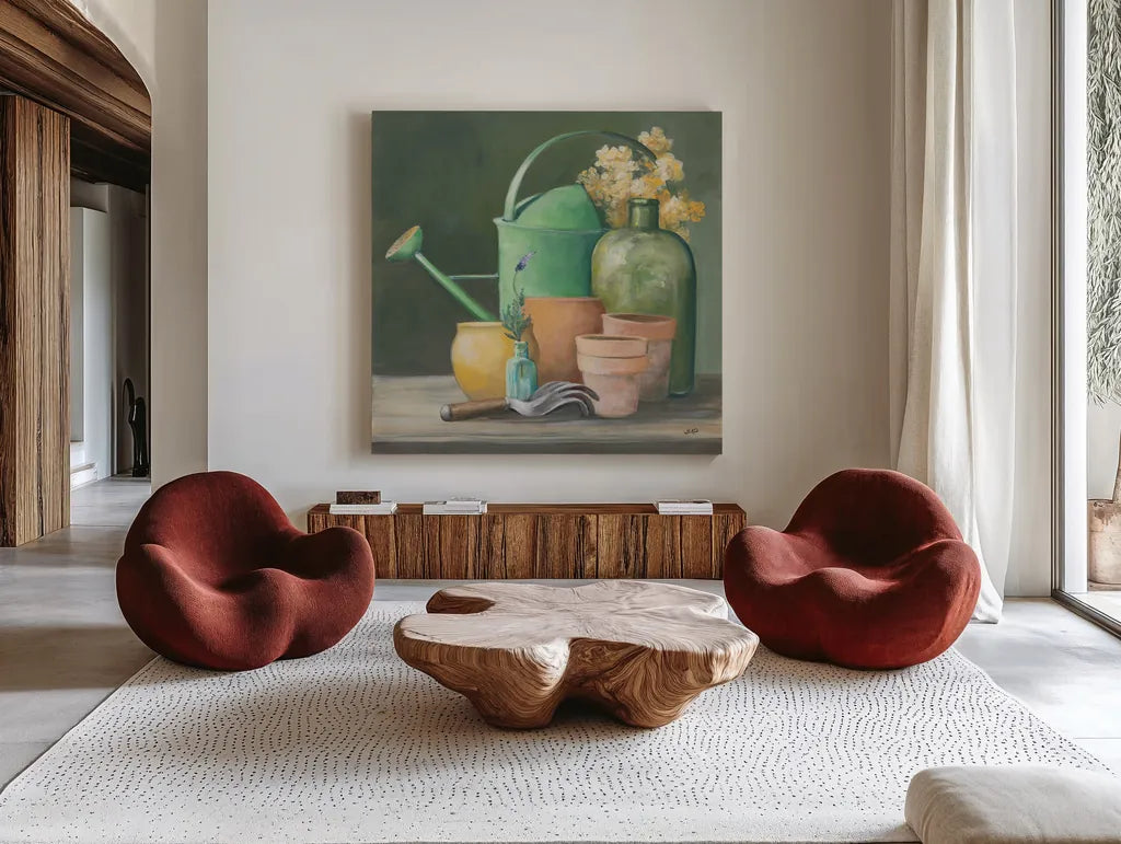 Garden Shed by Julia Purinton. Shown as extra-large giant wall art in a modern living room. Available as an archival giclee rolled canvas, fine art paper, or poster print. SKU 87668a.