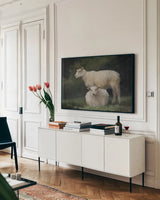 Gentle Guardian by Julia Purinton. shown as a framed stretched canvas in a living room above a console. Available as a archival giclee rolled canvas, fine art paper, or poster print. SKU 103394i.