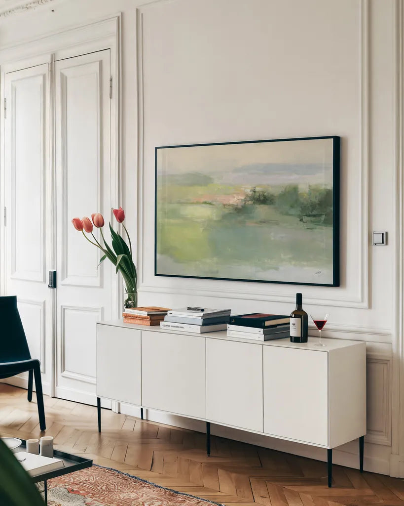 Gentle World by Julia Purinton. shown as a framed stretched canvas in a living room above a console. Available as a archival giclee rolled canvas, fine art paper, or poster print. SKU 68558i.