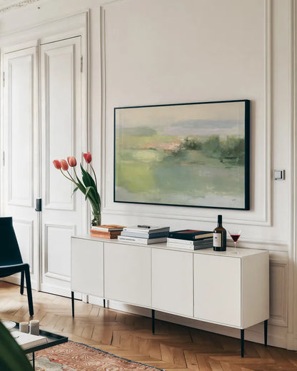 Gentle World by Julia Purinton. shown as a framed stretched canvas in a living room above a console. Available as a archival giclee rolled canvas, fine art paper, or poster print. SKU 68558i.