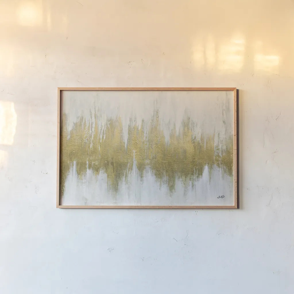 Glimmer I Brushed Gold Crop by Julia Purinton. shown as a paper print in a natural frame. Available as a archival giclee rolled canvas, fine art paper, or poster print. SKU 84849i.