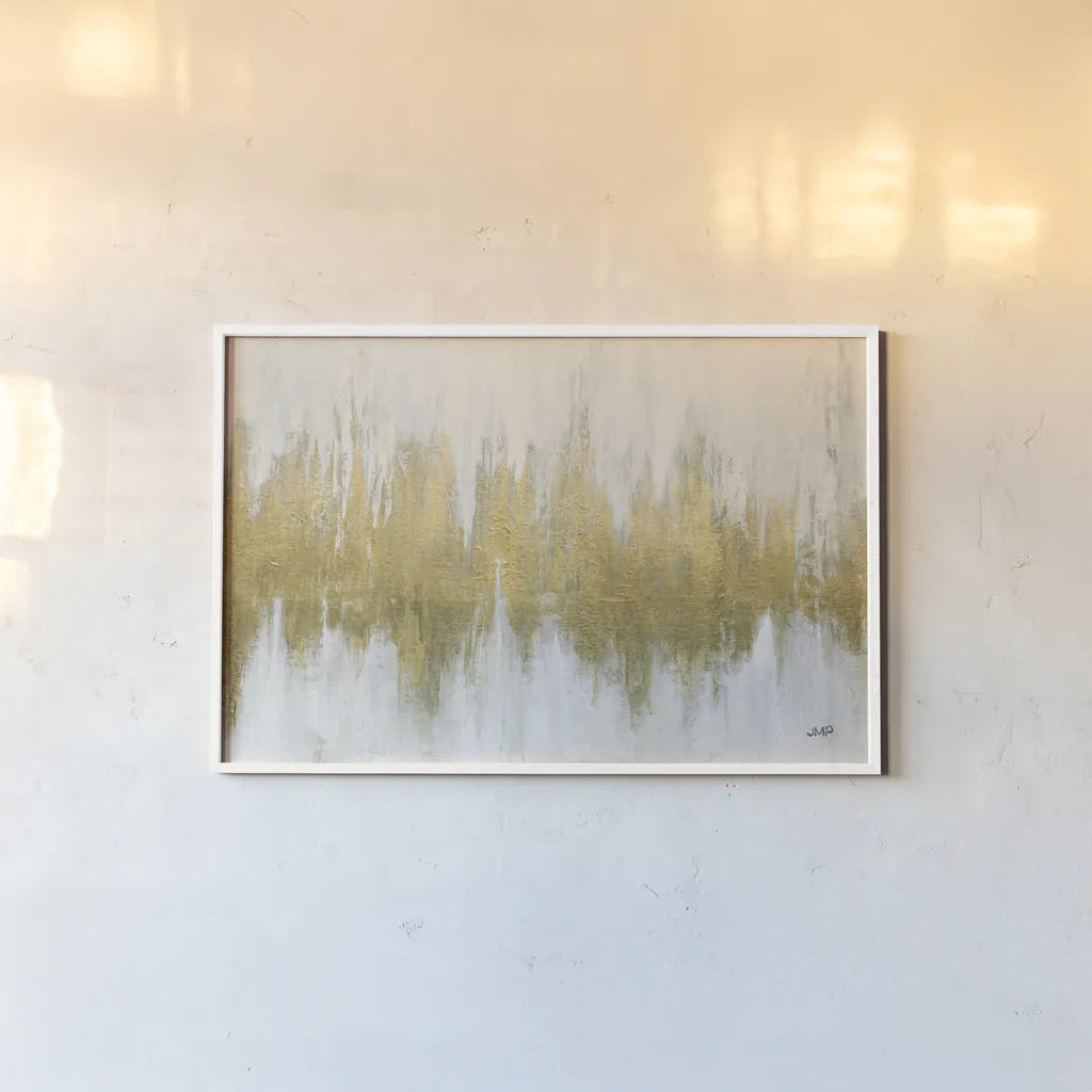 Glimmer I Brushed Gold Crop by Julia Purinton. shown as a paper print in a white frame. Available as a archival giclee rolled canvas, fine art paper, or poster print. SKU 84849i.