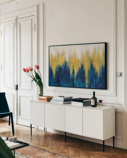 Glimmer II Crop by Julia Purinton. shown as a framed stretched canvas in a living room above a console. Available as a archival giclee rolled canvas, fine art paper, or poster print. SKU 84214i.