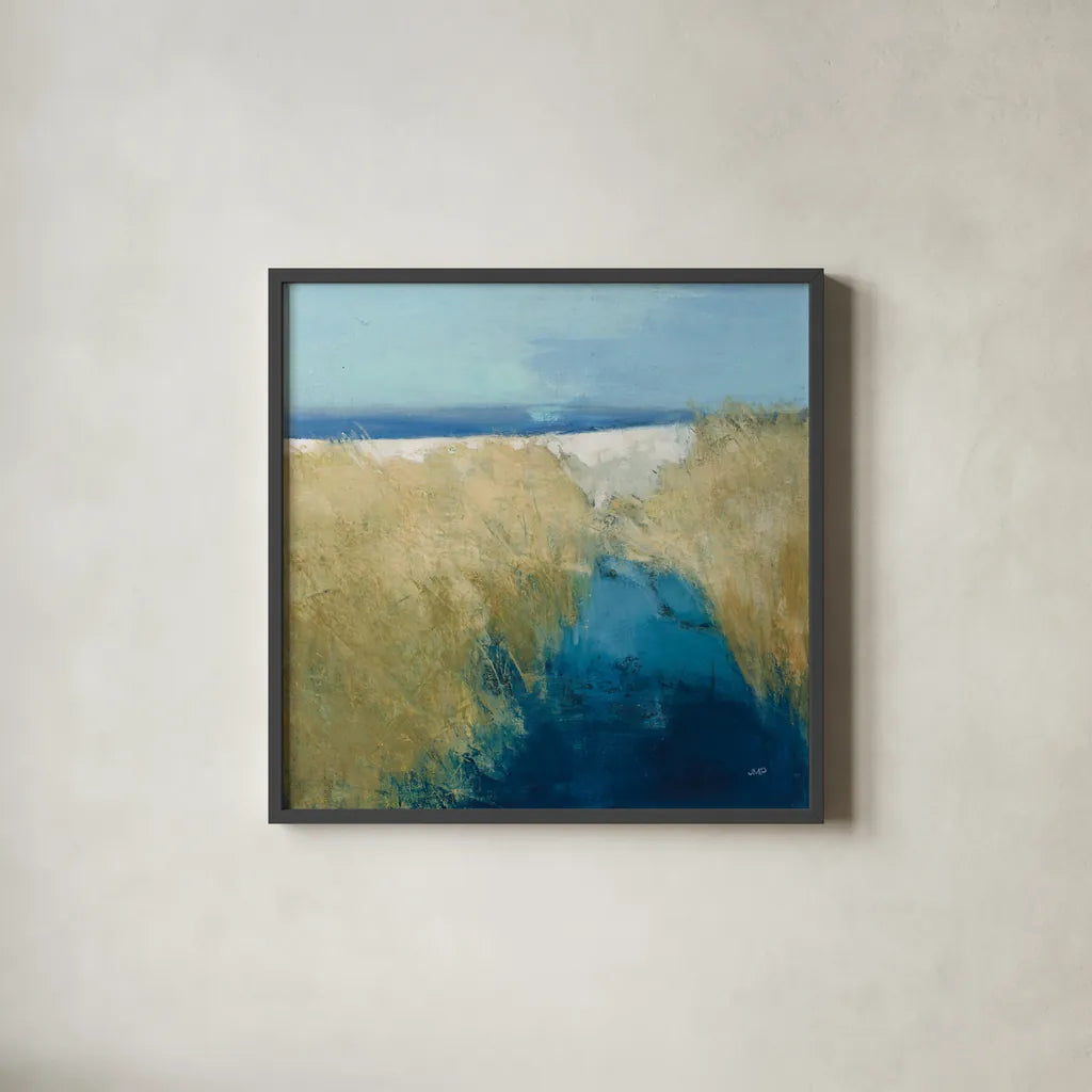 Glimpse of the Shore by Julia Purinton. Shown in a sleek black glass frame for a contemporary gallery look. Available as an archival giclee rolled canvas, fine art paper, or poster print. SKU 102762a.
