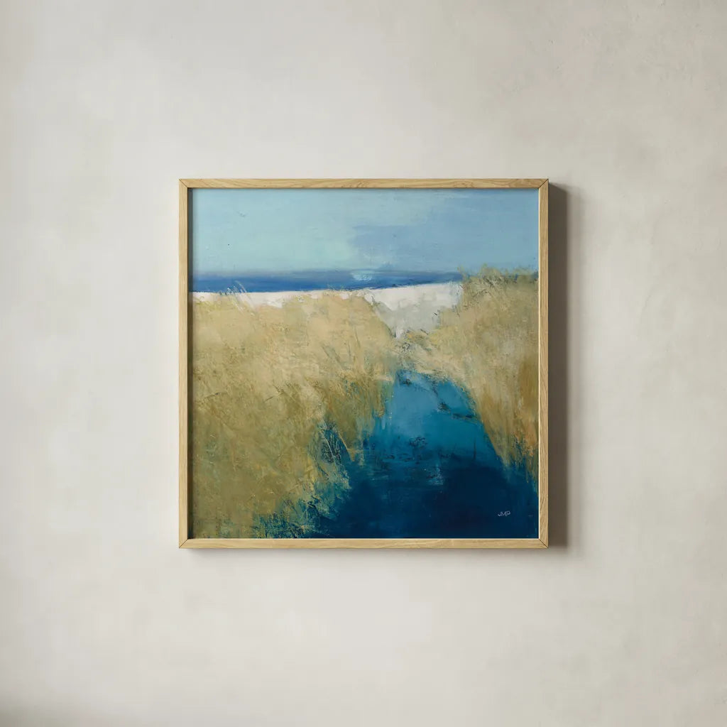 Glimpse of the Shore by Julia Purinton. Shown in a natural wood glass frame for a timeless modern aesthetic. Available as an archival giclee rolled canvas, fine art paper, or poster print. SKU 102762a.