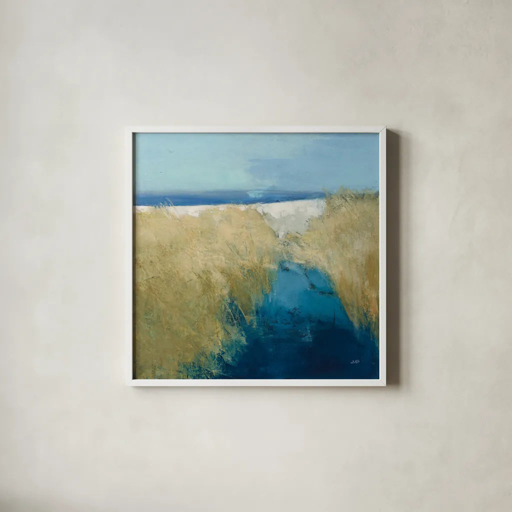 Glimpse of the Shore by Julia Purinton. Shown in a crisp white glass frame for a clean and minimalist style. Available as an archival giclee rolled canvas, fine art paper, or poster print. SKU 102762a.
