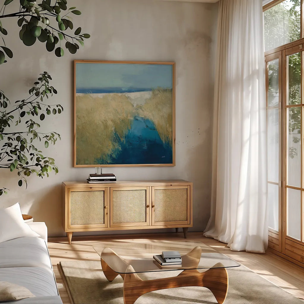 Glimpse of the Shore by Julia Purinton. Shown in a natural wood frame in a cozy modern living room. Available as an archival giclee rolled canvas, fine art paper, or poster print. SKU 102762a.