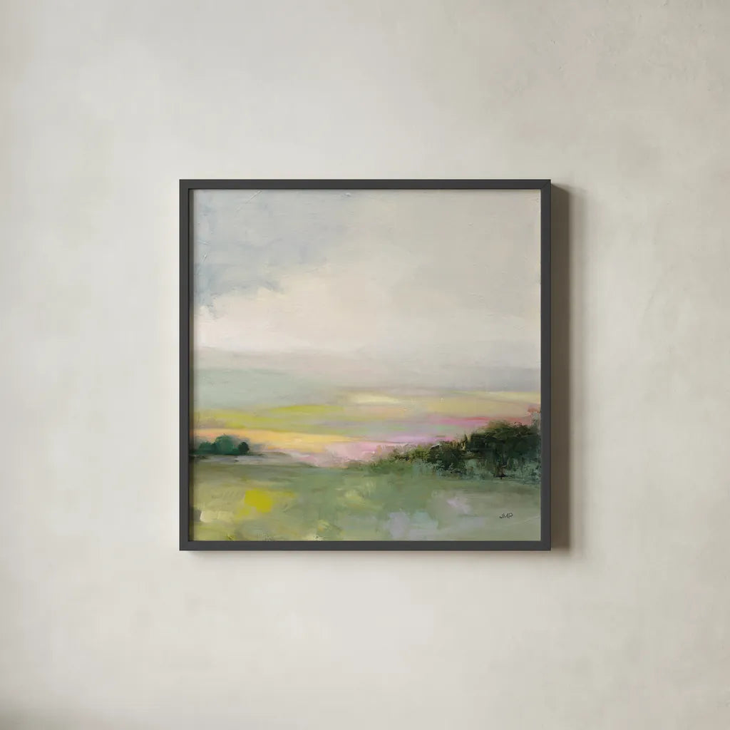 Glowing Valley by Julia Purinton. Shown in a sleek black glass frame for a contemporary gallery look. Available as an archival giclee rolled canvas, fine art paper, or poster print. SKU 68557a.