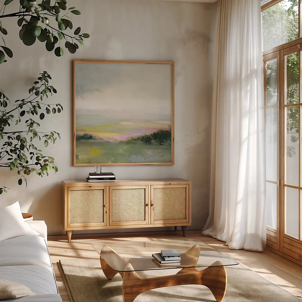 Glowing Valley by Julia Purinton. Shown in a natural wood frame in a cozy modern living room. Available as an archival giclee rolled canvas, fine art paper, or poster print. SKU 68557a.