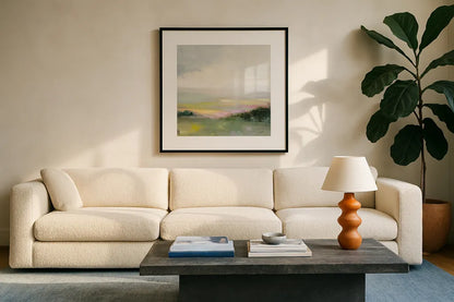Glowing Valley by Julia Purinton. Displayed in a glass frame with matte in a clean modern living room. Available as an archival giclee rolled canvas, fine art paper, or poster print. SKU 68557a.