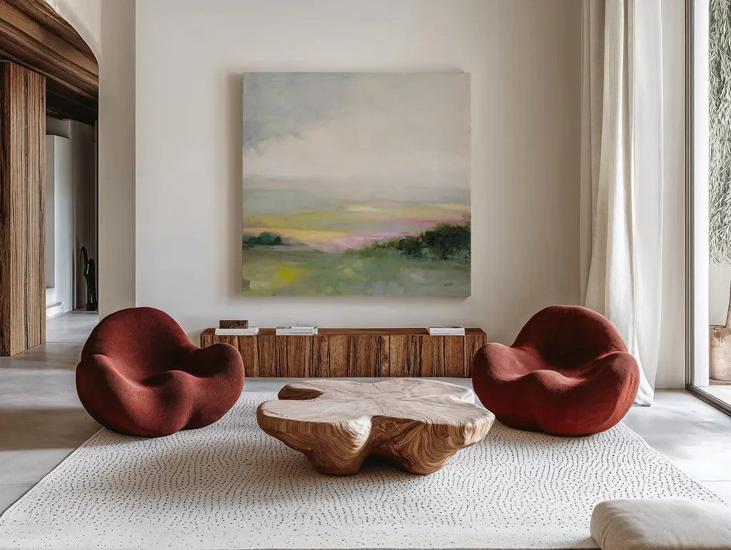 Glowing Valley by Julia Purinton. Shown as extra-large giant wall art in a modern living room. Available as an archival giclee rolled canvas, fine art paper, or poster print. SKU 68557a.