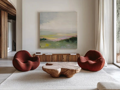 Glowing Valley by Julia Purinton. Shown as extra-large giant wall art in a modern living room. Available as an archival giclee rolled canvas, fine art paper, or poster print. SKU 68557a.