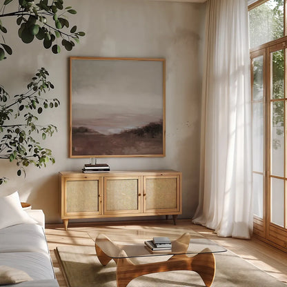 Glowing Valley Brown by Julia Purinton. Shown in a natural wood frame in a cozy modern living room. Available as an archival giclee rolled canvas, fine art paper, or poster print. SKU 78316a.