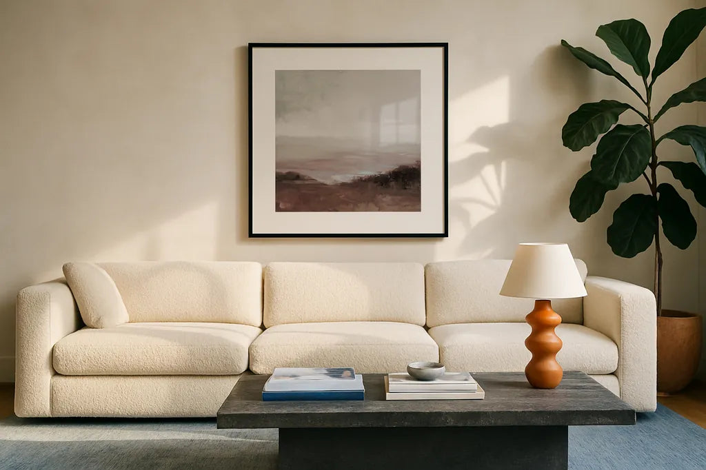 Glowing Valley Brown by Julia Purinton. Displayed in a glass frame with matte in a clean modern living room. Available as an archival giclee rolled canvas, fine art paper, or poster print. SKU 78316a.