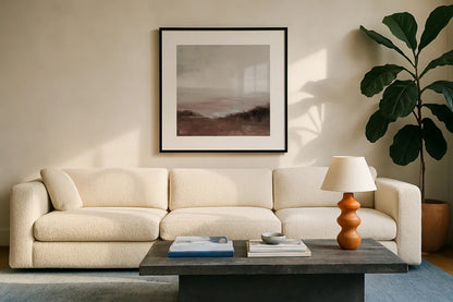 Glowing Valley Brown by Julia Purinton. Displayed in a glass frame with matte in a clean modern living room. Available as an archival giclee rolled canvas, fine art paper, or poster print. SKU 78316a.