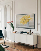 Golden Fall Cuttings by Julia Purinton. shown as a framed stretched canvas in a living room above a console. Available as a archival giclee rolled canvas, fine art paper, or poster print. SKU 66551i.