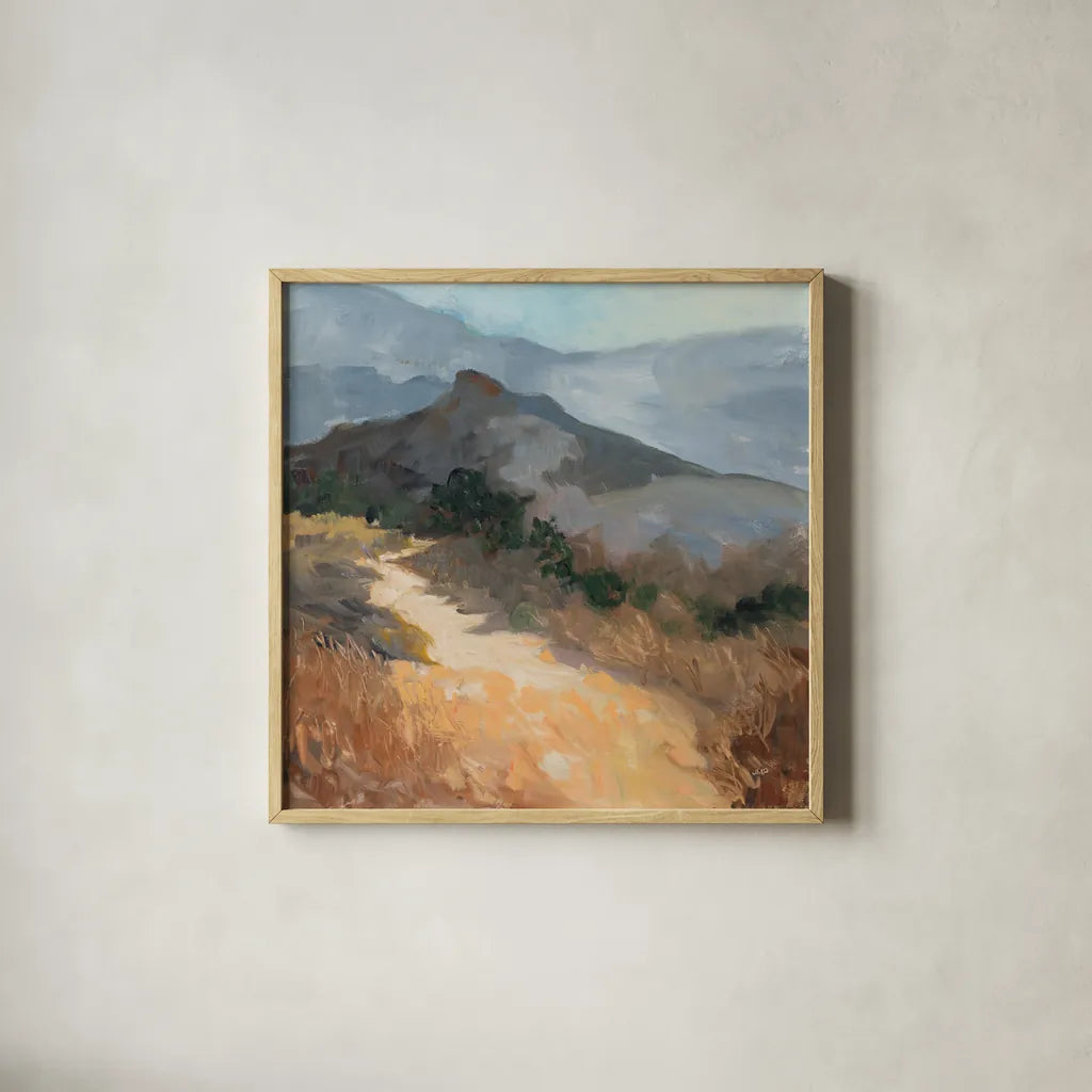 Golden Trail by Julia Purinton. Shown in a natural wood glass frame for a timeless modern aesthetic. Available as an archival giclee rolled canvas, fine art paper, or poster print. SKU 95728a.