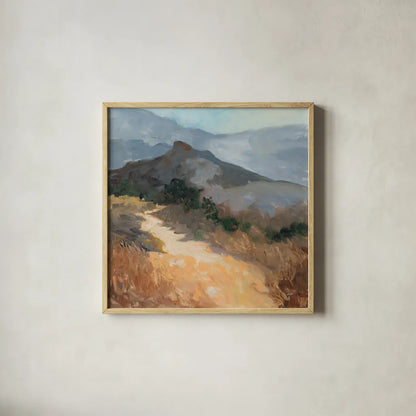 Golden Trail by Julia Purinton. Shown in a natural wood glass frame for a timeless modern aesthetic. Available as an archival giclee rolled canvas, fine art paper, or poster print. SKU 95728a.