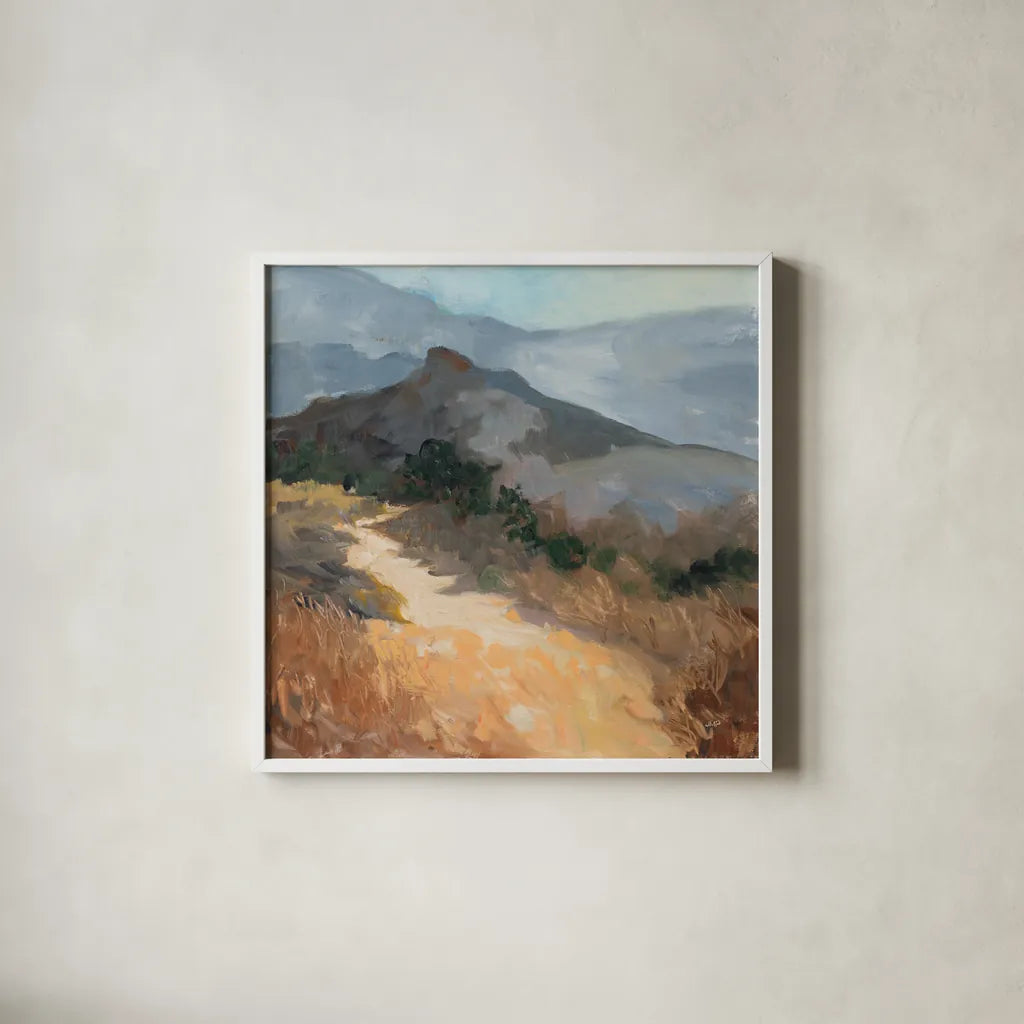 Golden Trail by Julia Purinton. Shown in a crisp white glass frame for a clean and minimalist style. Available as an archival giclee rolled canvas, fine art paper, or poster print. SKU 95728a.