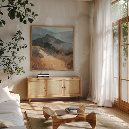 Golden Trail by Julia Purinton. Shown in a natural wood frame in a cozy modern living room. Available as an archival giclee rolled canvas, fine art paper, or poster print. SKU 95728a.