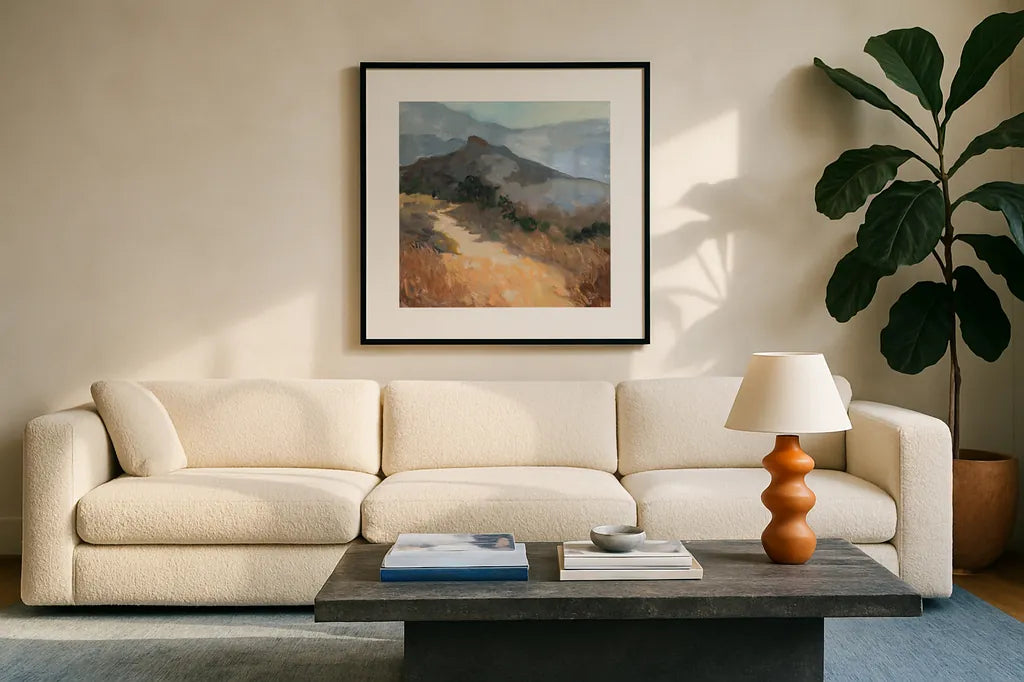 Golden Trail by Julia Purinton. Displayed in a glass frame with matte in a clean modern living room. Available as an archival giclee rolled canvas, fine art paper, or poster print. SKU 95728a.