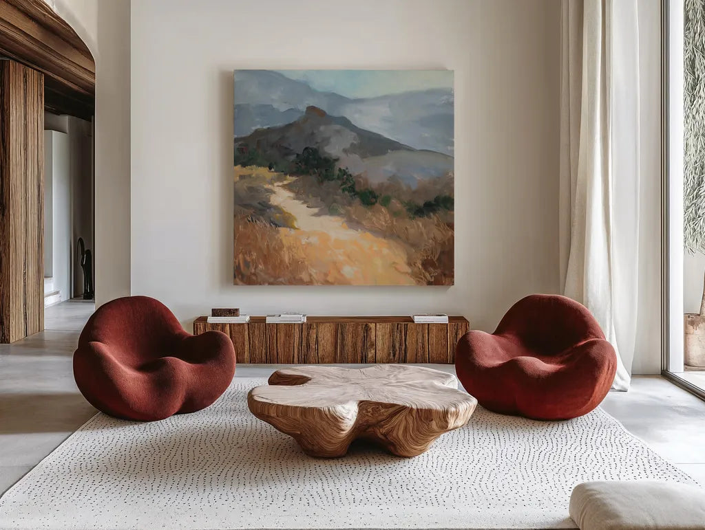Golden Trail by Julia Purinton. Shown as extra-large giant wall art in a modern living room. Available as an archival giclee rolled canvas, fine art paper, or poster print. SKU 95728a.