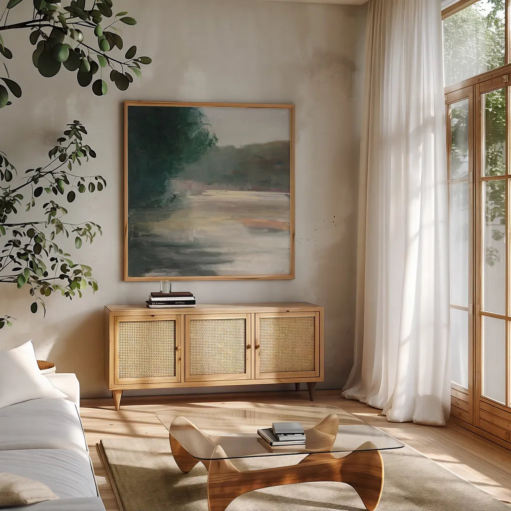 Gosling by Julia Purinton. Shown in a natural wood frame in a cozy modern living room. Available as an archival giclee rolled canvas, fine art paper, or poster print. SKU 27871a.