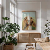 Got Your Goat v2 Crop by Julia Purinton. shown as a print in a natural wood frame in a dining room. Available as a archival giclee rolled canvas, fine art paper, or poster print. SKU 37032h.