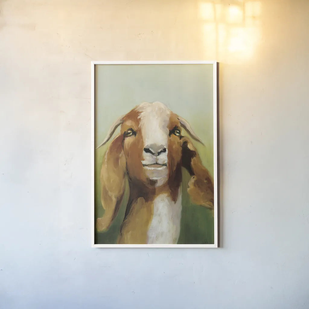 Got Your Goat v2 Crop by Julia Purinton. shown as a paper print in a white frame. Available as a archival giclee rolled canvas, fine art paper, or poster print. SKU 37032h.