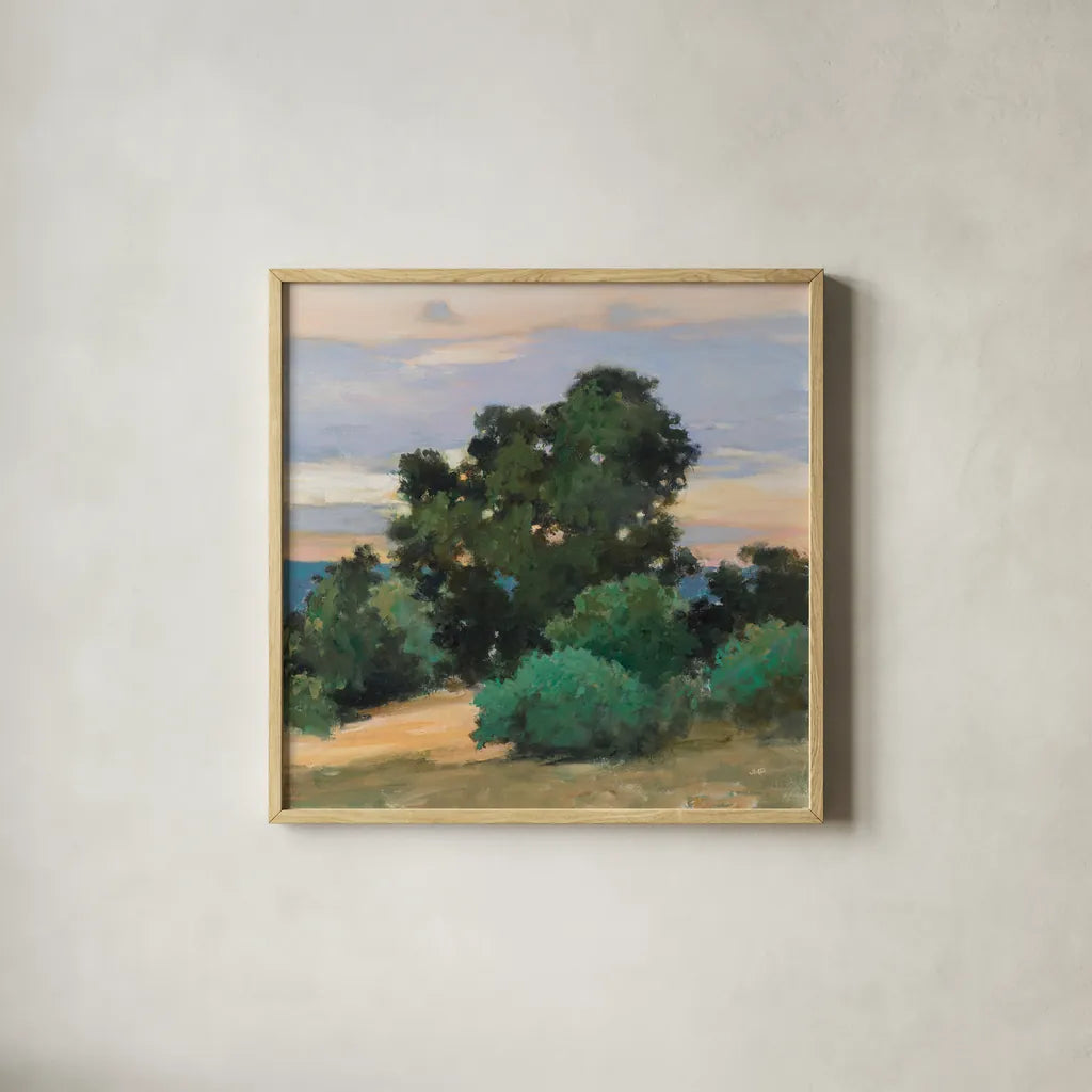 Grove at Dusk by Julia Purinton. Shown in a natural wood glass frame for a timeless modern aesthetic. Available as an archival giclee rolled canvas, fine art paper, or poster print. SKU 95729a.