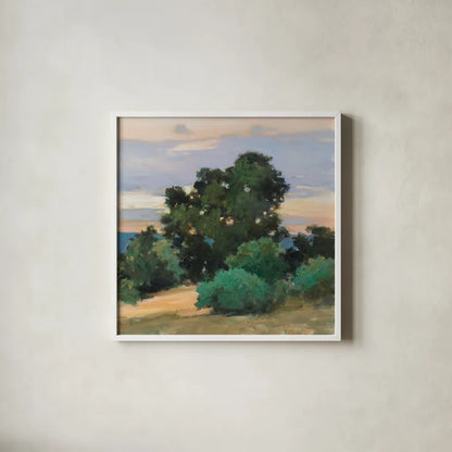 Grove at Dusk by Julia Purinton. Shown in a crisp white glass frame for a clean and minimalist style. Available as an archival giclee rolled canvas, fine art paper, or poster print. SKU 95729a.