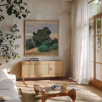Grove at Dusk by Julia Purinton. Shown in a natural wood frame in a cozy modern living room. Available as an archival giclee rolled canvas, fine art paper, or poster print. SKU 95729a.