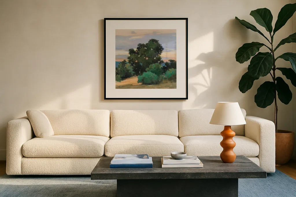 Grove at Dusk by Julia Purinton. Displayed in a glass frame with matte in a clean modern living room. Available as an archival giclee rolled canvas, fine art paper, or poster print. SKU 95729a.