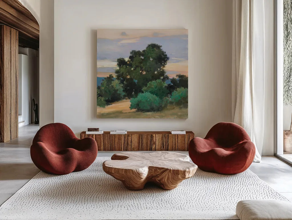 Grove at Dusk by Julia Purinton. Shown as extra-large giant wall art in a modern living room. Available as an archival giclee rolled canvas, fine art paper, or poster print. SKU 95729a.