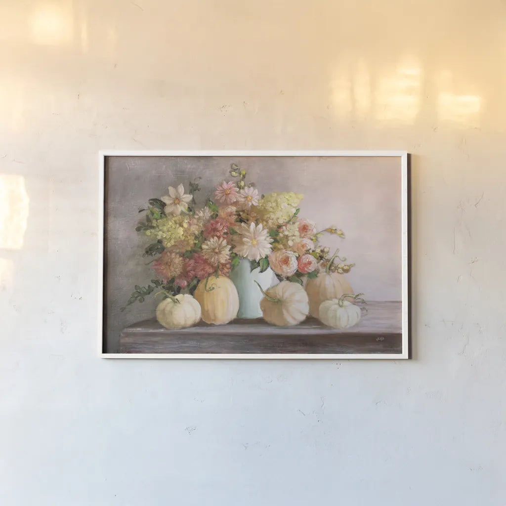 Harvest Bouquet by Julia Purinton. shown as a paper print in a white frame. Available as a archival giclee rolled canvas, fine art paper, or poster print. SKU 81907i.