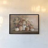 Harvest Bouquet Pomegranate by Julia Purinton. shown as a paper print in a black flame. Available as a archival giclee rolled canvas, fine art paper, or poster print. SKU 84965i.